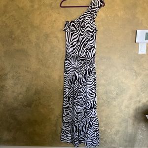 Poetry Clothing Zebra One Shoulder Ruffle Wide Leg Jumpsuit